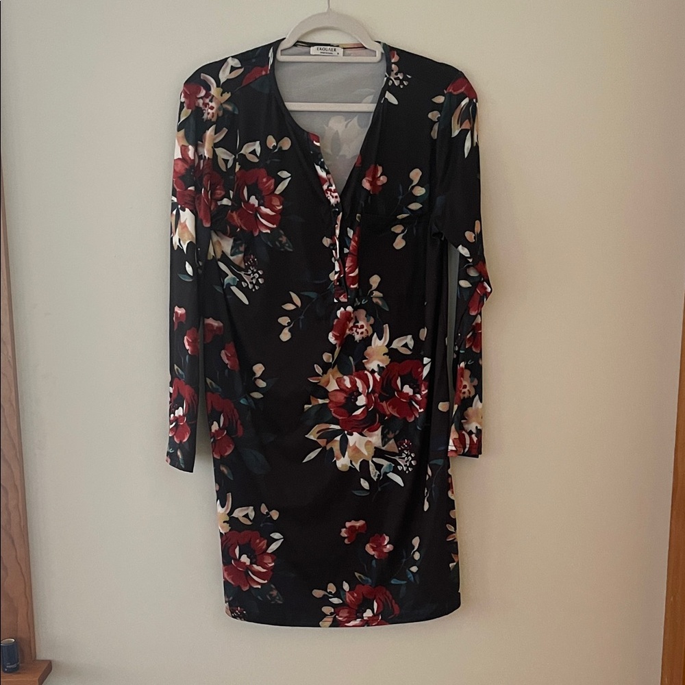 Floral Long Sleeve Dress - Black and Red